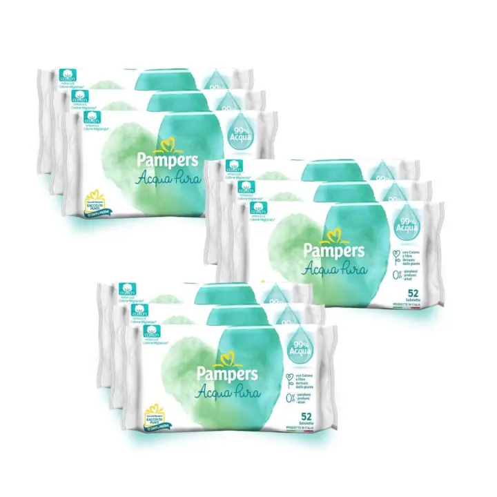 Pampers Acqua Pura - Toallitas delicadas, 99% de agua, con algodón 100% orgánico, 9 paquetes de 52 unidades, 468 toallitas - 1