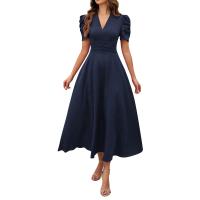 Vestido Elegante De Fiesta Para Mujer Cintura Alta A-Line De Color Sólido Con Manga Corta Estilo Francés Vestido De Cintura Cinchada Temperamento - details 4