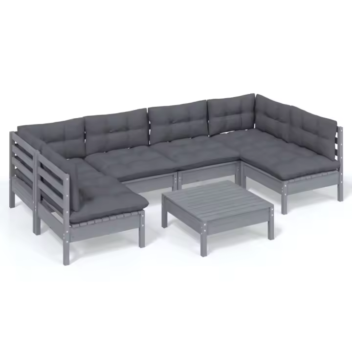 vidaXL Muebles de jardín 7 pzas y cojines gris madera maciza de pino - 1