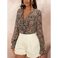 Camisa Leopardo Impresión V-Neck Botones Talla Grande Moda Casual Para Mujer Ropa Oficina Blusa Adecuada Para Edad Media - details 3