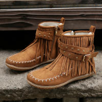 Botines De Otoño Para Mujer Zapatos Planos Botas De Tobillo Retro En Cuero Suelto Con Borlas Punta Redonda Suave Casual - details 8