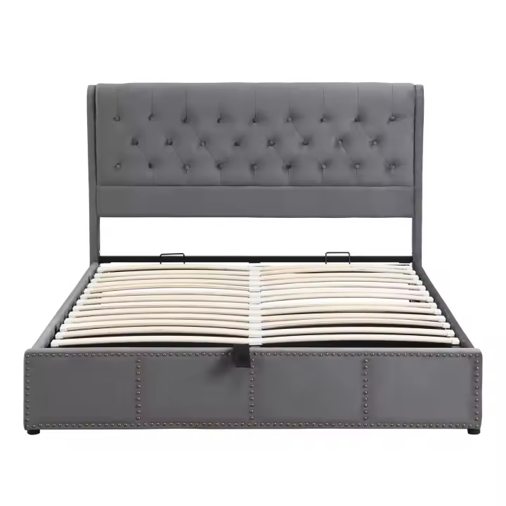 Cama tapizada 160x200 cm con almacenamiento, cama doble con remaches, gris - 1