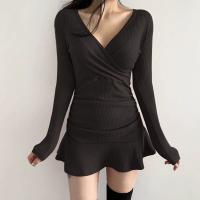 Vestido Mini Elegante De Mujer En Negro Con Cuello V Manga Larga Volantes Y Ajustado Estilo Y2k Para Otoño Ropa Moda - details 6