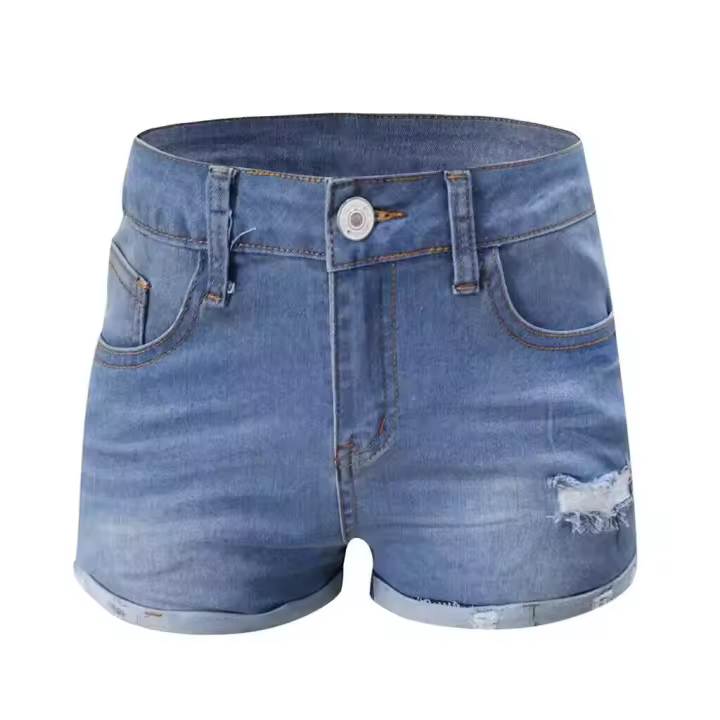 CA Pantalones cortos vaqueros retro de alta gama, elásticos, ajustados, con borlas rasgadas para mujer - 1