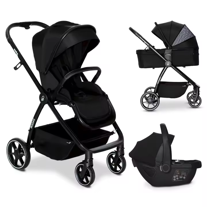 Asalvo Silla de Paseo Trío Rodas - Cochecito Asalvo Trio Rodas Negro – Sistema 3 en 1 con Capazo, Silla de Paseo y Grupo 0+, Chasis Resistente, Reclinable y Plegado Compacto para Bebés desde el Nacimiento hasta 22 kg - 1