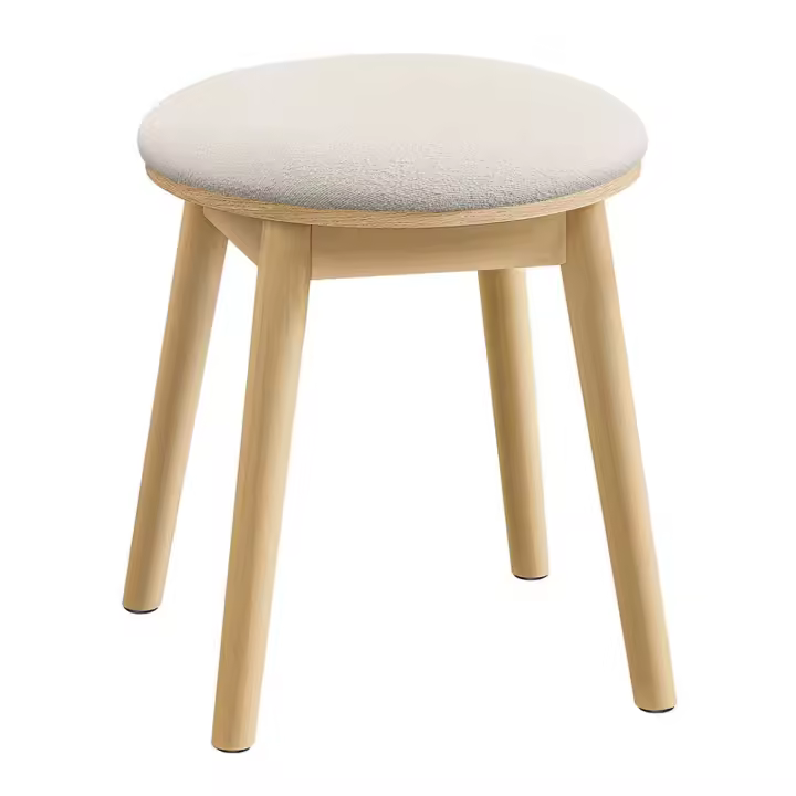 Taburete para Tocador de Maquillaje, Tapizado, Patas de Madera Maciza, Asiento Redondo, Almohadillas Antideslizantes, Estilo Bohemio, para Dormitorio, Blanco Crema y Beige Roble - 1