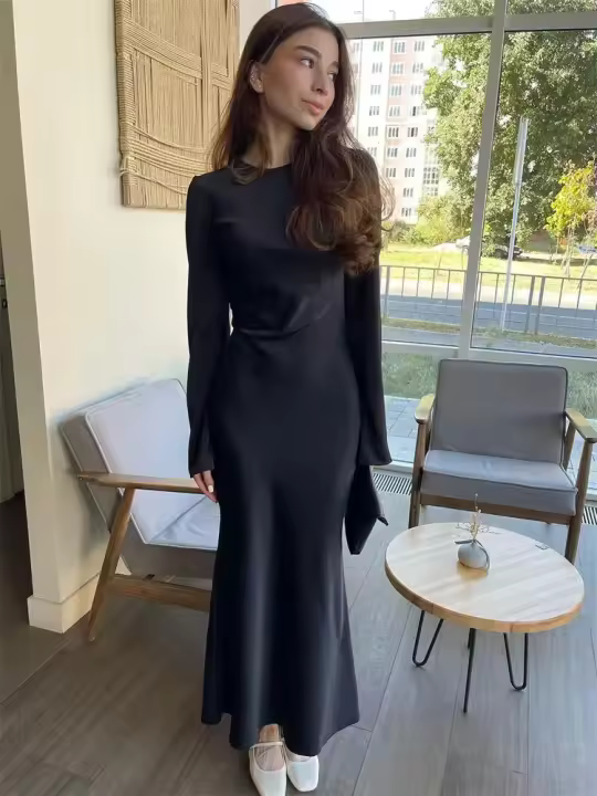 Vestido Maxi Elegante Para Mujer Con Cintura Alta Manga Larga Slim Fit Vestido Largo De Fiesta Casual Lujo Otoño Vestido Synthético - 1