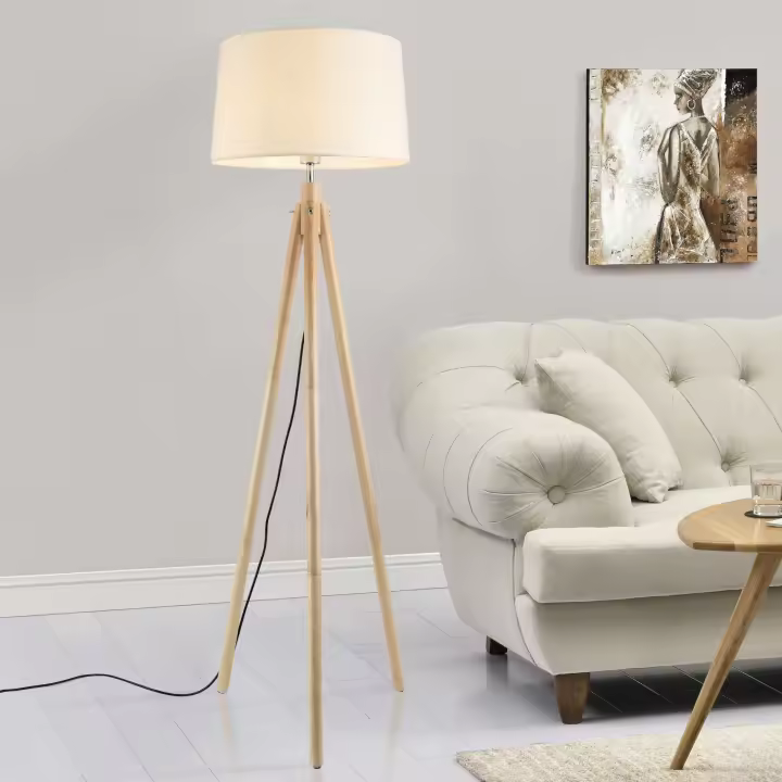 Lámpara de pie Tomar - Trípode - Altura 153 cm - Metal Tela - 43 x 38 x 24 cm - Blanco y Apariencia de madera - 1 x E27 [lux.pro] - 1