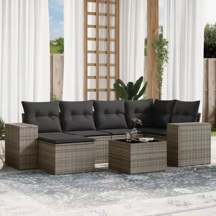 vidaXL Set de sofás de jardín 7 piezas con cojines ratán PE gris - 1