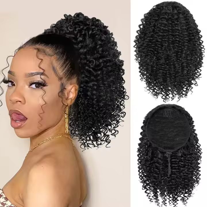 Extension De Cabello Sintético Con Cordón Curly Para Mujeres Africanas Ponytail Afro Corto Textura Kinky Color Sólido 10 Pulgadas - 1