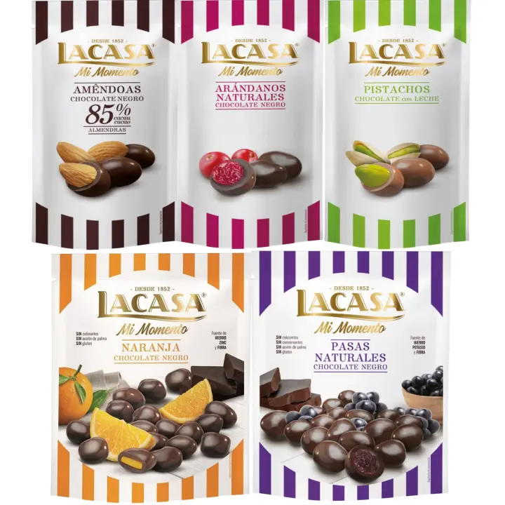 Lacasa Mi Momento pack de 5:Arándano  Negro 60 G,Pistacho  Leche 50 G,Almendra 85% 65 G,Pasas  Negro 150 G,Naranja  Negro 125 G - 1