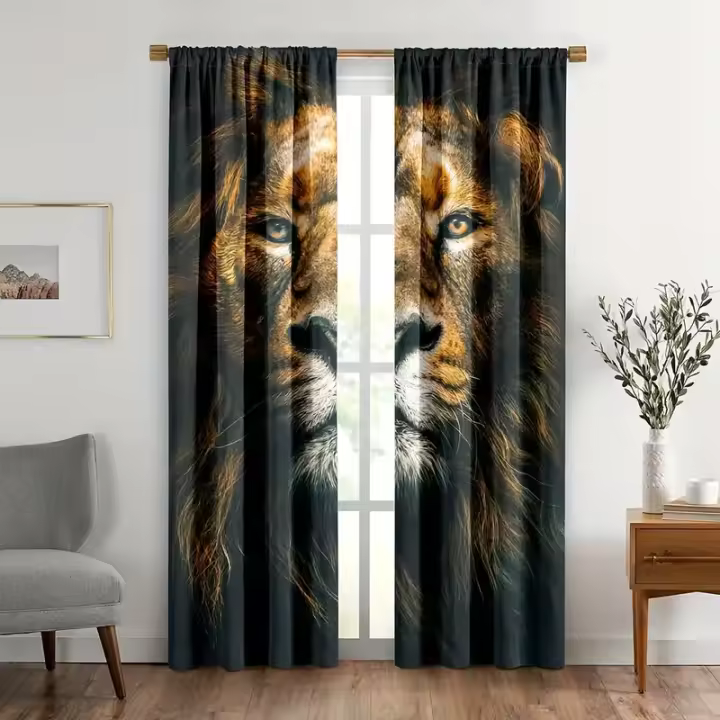 2pcs Cortinas De León Africano Decorativas Para Dormitorio Y Sala De Estar Ventanas De Ambiente Selvático De Juego Del Rey Del África Material 100% Poliéster - 1