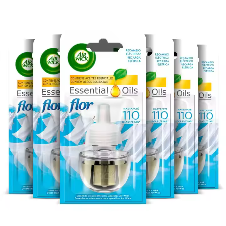 Air Wick Eléctrico - Set Lote 6 Recambios, Ambientador para Casa, Diferentes Aromas, Recarga Eléctrica, Flor Frescor, Flores Blancas, Lirio de Luna, Nenuco, Oasis Turquesa, Delicias de Verano, Vainilla - 1