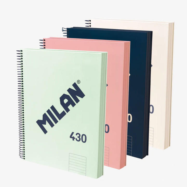 MILAN Cuadernos A4 tapa dura, cuadrícula 5 x 5 mm, 120 hojas de 95 gr/m², modelo 430 since 1918, colores pastel rosa, azul oscuro, marfil blanco, verde agua, gran calidad, anillas, escolar, instituto, universidad, adulto, unisex, forrado, microperforado