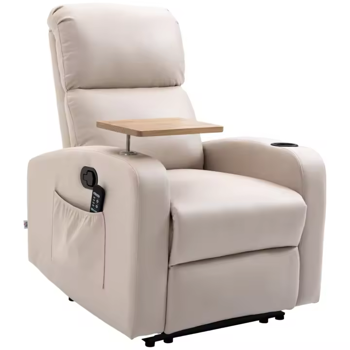 HOMCOM Sillón de Masaje Sillón Relax Eléctrico con 4 Modos de Vibración Reclinación 145° Tapizado en Microfibra Mando a Distancia Mesita 2 Bolsillos Laterales y Posavasos 77x93x105 cm Beige - 1