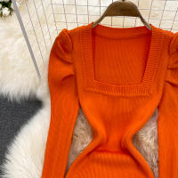 Vestido REALEFT De Mujer Otoño Invierno Con Cuello Cuadrado Manga Larga Y Acolchado De Puff Trasero Lateral Split Midi Casual - details 3