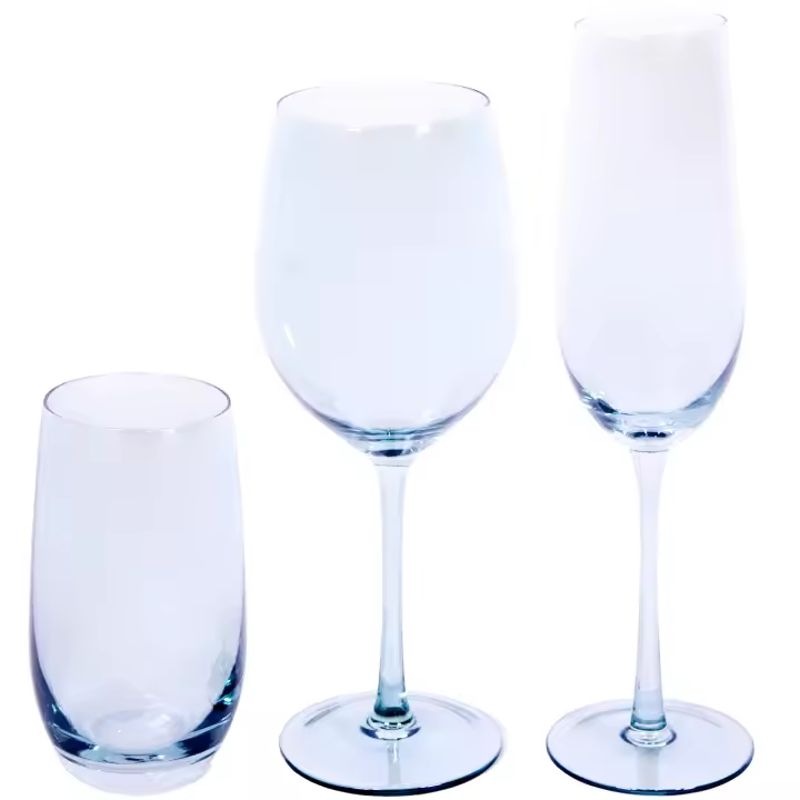 EME Mobiliario - Juego de Copas de Cristal en Color Azul Compuesto por Copa de Cava, Copa de Vino y Vaso. 6 Unidades de Cada Pieza. Apto Para Lavavajillas y microondas. Diseño original. - 1