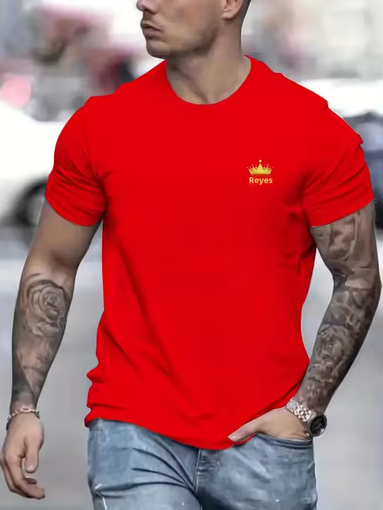 Camiseta De Algodón 100% Para Hombre Verano Estampado De Corona KING Cuello Redondo Manga Corta Casual Cómoda Transpirable - 1