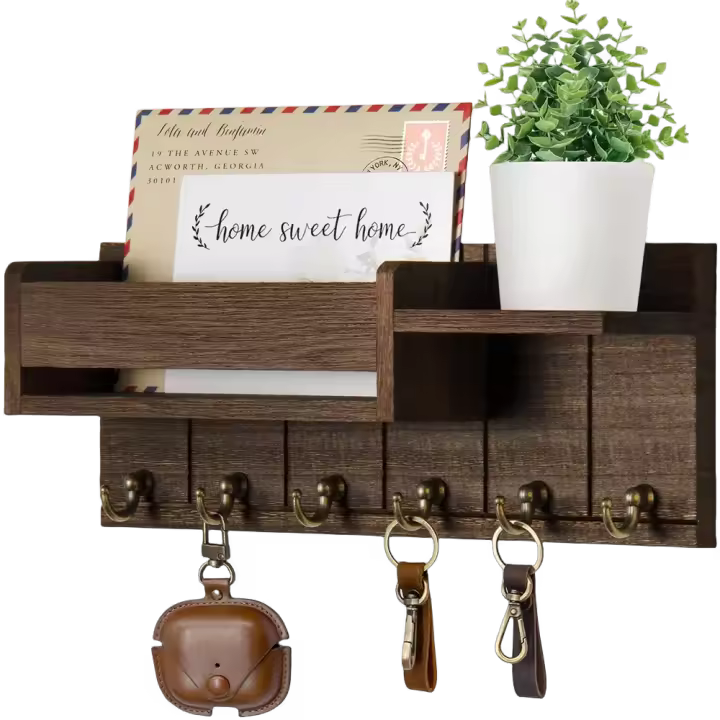 Porta-llaves Decorativo Y Organizador De Correo En Madera Rustica Con 6 Ganchos Para Llaves Soporte De Pared Para Sala De Estar Entrada - 1