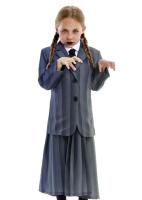 Disfraz de Miércoles Niña Mujer, Uniforme Escolar Azul Gris a Rayas Familia Addams Cosplay para Halloween Carnaval - details 2