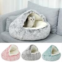 Cama De Gato Redonda De Peluche Suave Con Capucha Cueva Cómoda Para Mascotas Pequeñas Y Perros Pequeños Auto Caliente Anti Ansiedad - details 1