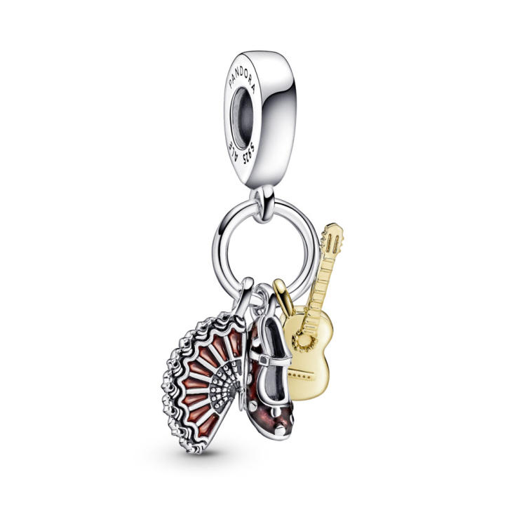 Pandora Moments Flamenco & Abanico Charm Colgante en plata de ley y oro de 14k Guitarra Española, Zapato 760765C01 , para Mujer