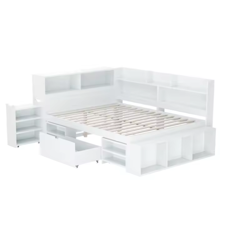 Cama Infantil Multifunción 140x200cm Blanco: Individual with Cajones, Librería y Armaro Integrados | Gran Almacenamiento, Somier de Láminas y Diseño Sin Columna - 1