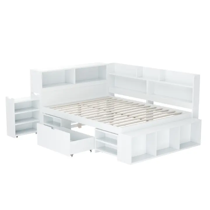 Cama Infantil Multifunctional 140x200cm | Individual Cama with Cajones, Librería y Armaro | Gran Almacenamiento, Somier de Láminas, Sin Columna, Blanco - 1