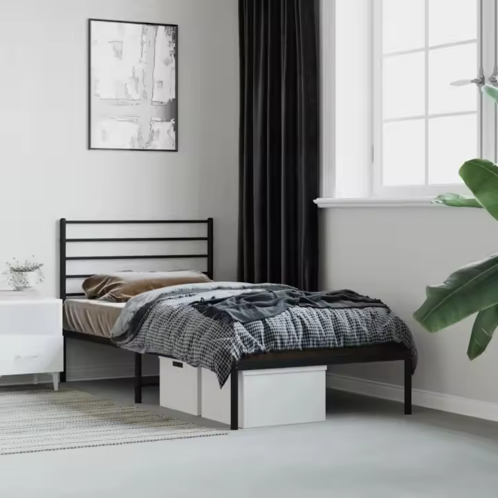 Estructura cama sin colchón con cabecero metal negro 80x200 cm - 1