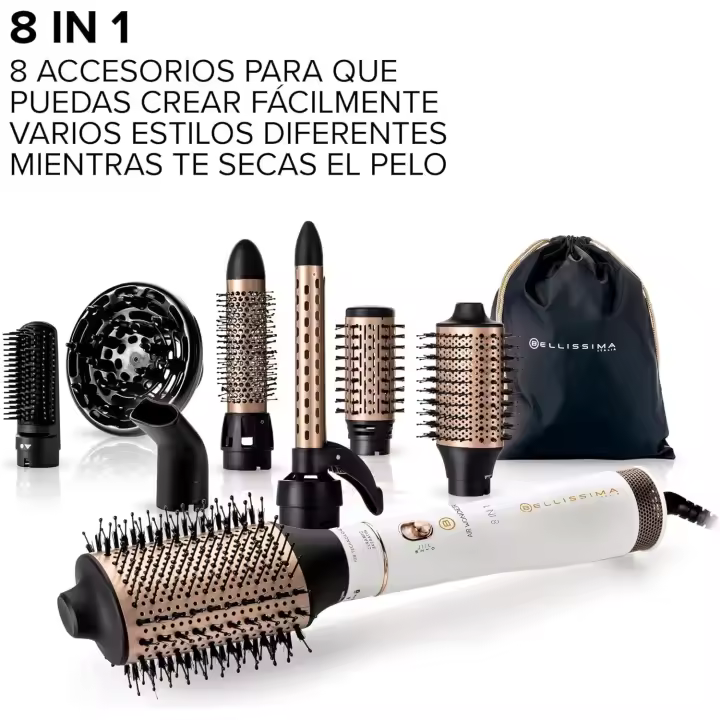 Bellissima Imetec Air Wonder, Moldeador, Cepillo de aire caliente, Tecnología Ion, Cepillos con revestimiento de cerámica y queratina, Seca, Da volumen, 8 Accesorios, 1000 W, Color Blanco Satinado - 1