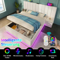 Cama Recuperta 160 × 200, Cama Doble Cama de Almacenamiento with Control de Aplicación LED y Función de Carga USB-C, Bastidor de Cama with Bastidor de Listones, PU, Blanco, Con Colchón, mesita de Noche - details 1