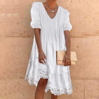 Vestido Midi De Verano Para Mujer Traf 2024 Estilo Bohemio Cuello En V Color Sólido Casual Manga Corta Cierre De Lazo Polyester - details 0