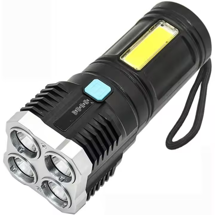 Linterna LED recargable, luz de flash táctica con luz de trabajo, 4 LED, linterna de mano para emergencias de campamento al aire libre, impermeable negra,Linterna Recargable - 1