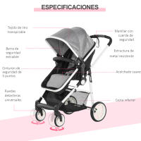HOMCOM Silla de Paseo 2 en 1 Cochecito de Bebé y Capazo para Niños de 0-36 Meses con Capota Plegable Respaldo Reclinable Cesta Grande Palanca de Freno Carga 15kg 80x51x102 cm Gris - details 4