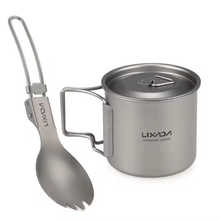 Lixada Juego De Cocina Ultraligero De Titanio 300ml/350ml/420ml/550ml/650ml/750ml Con Cuchara Plegable Para Camping Incluye Vaso Y Comedor - 1