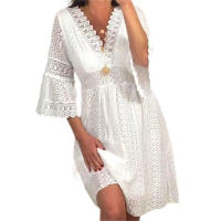 Vestido Blanco De Cintura Alta Para Mujer Primavera Verano Elegante Con Manga Flare Vestido Casual Con Vuelta Y Lace Longitud Mini - details 0