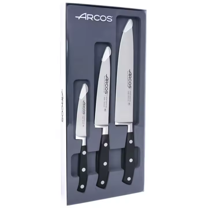 ARCOS Riviera - Set 3 Cuchillos de Cocina (100, 150 & 200 mm) - Hoja de Acero Inoxidable Forjado Nitrum® - Mango Negro de Polioximetileno (POM) - Caja Regalo - 1