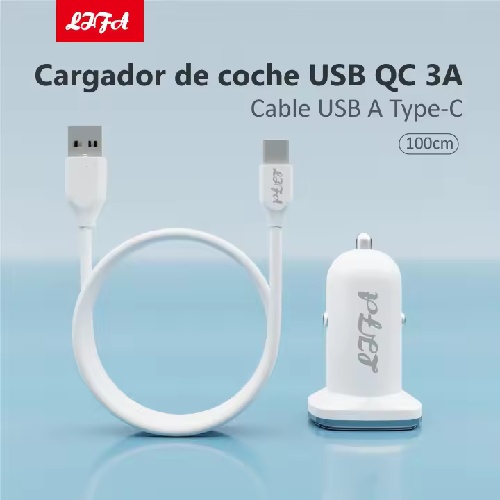 LIFA Cargador de coche de carga rápida entrada USB con cable Type C (USB C/Tipo C) de 3A para Samsumg,Xiaomi,OPPO,VIVO,Huawei - 1