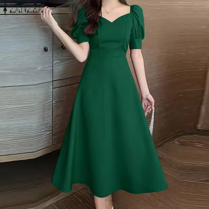 ZANZEA Vestido Elegante De Fiesta Vintage Para Mujer Con Manga Puff Corta Silueta A-line Midi Vestido De Boda De Verano - 1