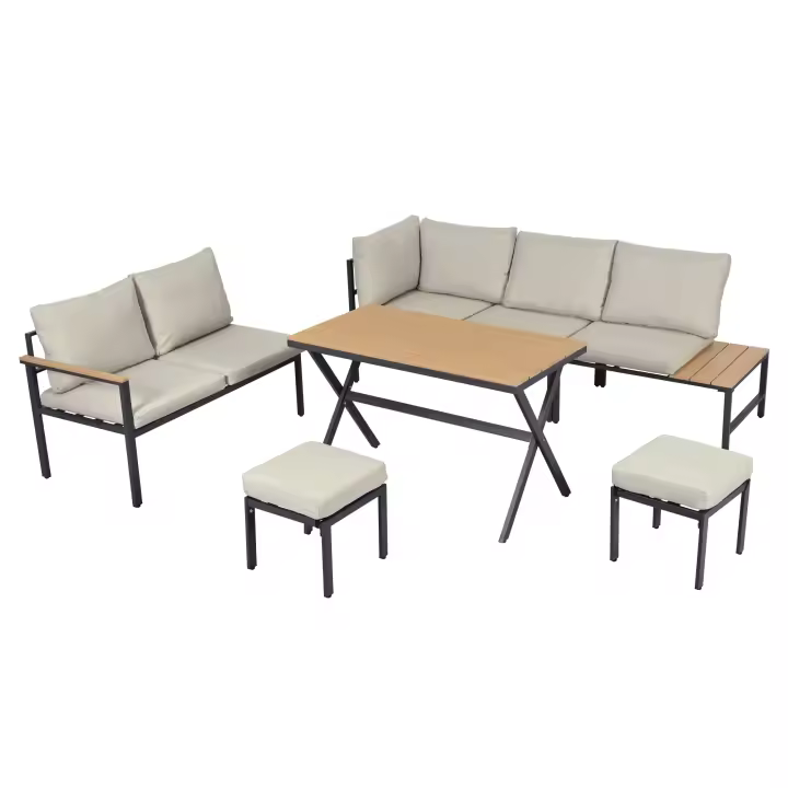 Juego de Muebles de Jardín with Cojines Cómodos: Sofá 3 Plazas, 2 Sillas, 2 Mesas de Café - Encimeras Vidrio Lacado y Madera de Plástico, Acero Galvanizado, Color Gris - 1