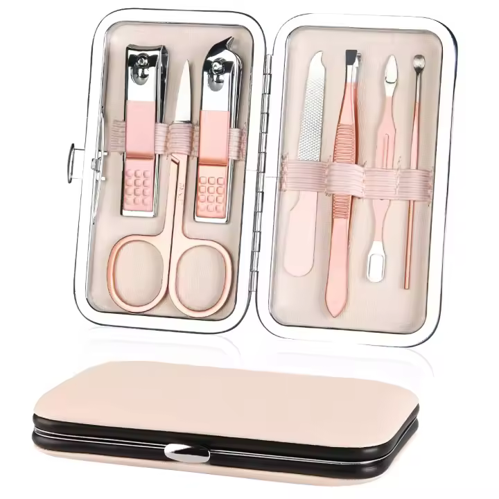 Kit de Manicura Profesional: 7 Piezas de Cortaúñas Portátiles y Cuidado de Cejas - Herramientas de Acero Inoxidizable con estuche de cuero para Viajes y Hogar. - 1