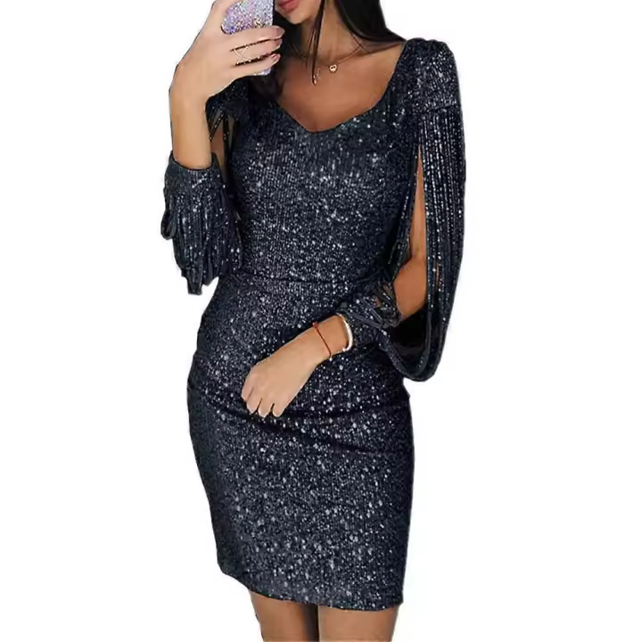 Women's Sequin Pencil Dress Tassel Sleeve V Neck Glitter Cocktails Party Mini Dresses Clubwear - 1