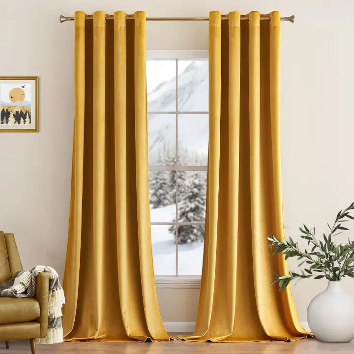 Cortinas de terciopelo amarillo mostaza con ojales para sala de estar, 2 piezas de invierno de 132 x 244 cm, cálidas y suaves para dormitorio. - 1