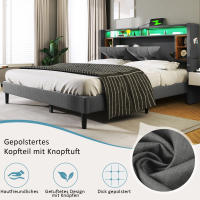 Cama tapizada Cabecero de Cama Doble with Almacén Marco de Cama with USB de carga e iluminación LED Somier de lámparas de Madera, 140*200CM Gris (sin colchón) - details 2