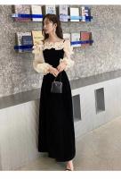 Vestido De Noche Elegante Para Mujer Con Volantes Y Patchwork Manga Larga Hombro Descubierto A-line Con Abertura Alta Vestido De Boda Y Fiesta - details 10