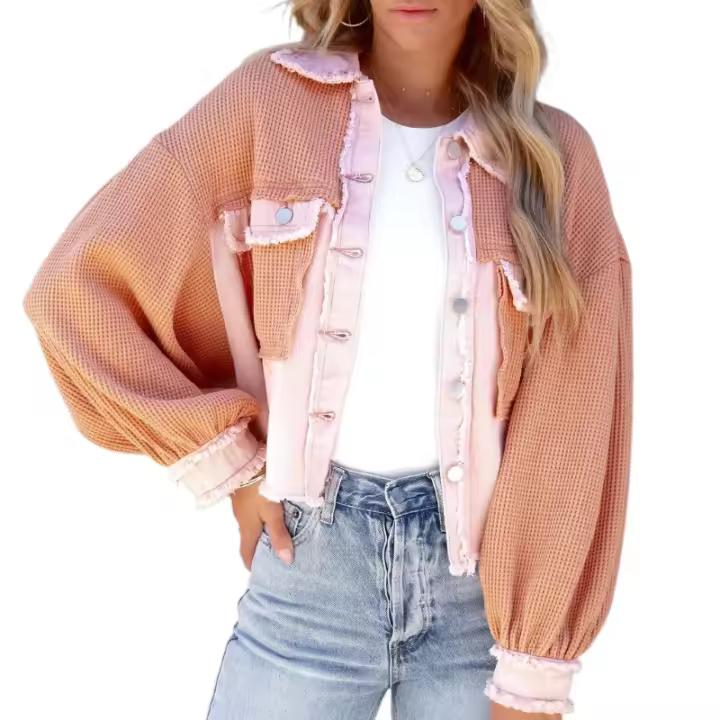 Nueva Chaqueta Corta Para Mujer De Otoño 2024 Moda Retro Estilo Callejero Con Rayas Lavadas Y Collar Tácto Espesado De Polyester Cierre Doble - 1
