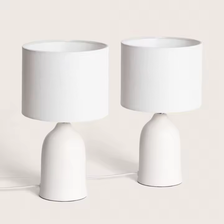 LEDKIA LIGHTING - Pack de 2 Lámparas de Mesa | Diseño Nórdico | Casquillo E27 para Bombillas RGB o CCT | Protección IP20, Blanco, Cerámica, Tela - 1