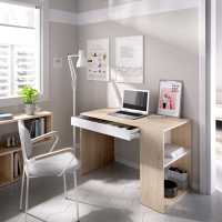 Meimon  Mesa de escritorio – Teo disponible en 3 acabados, blanco, blanco con madera, blanco con grafito, almacenamiento práctico con un cajón y estantes laterales, Dimensiones Altura: 74 cm Ancho: 115 cm Profundidad: 50 cm - details 2