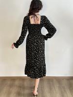 Vestido Midi De Mujer Casual Primavera Otoño Largo Manga Cuello Abierto Floral Impresión A-Line Vestido De Chiffón Con Cintura Elástica Y Cremallera En La Cintura - details 13