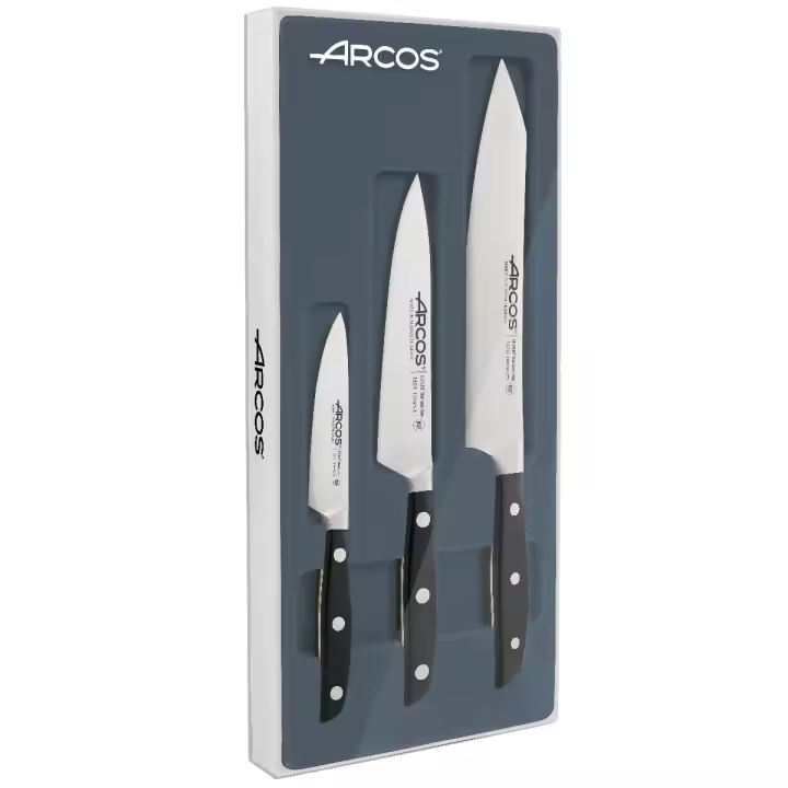 Arcos Juego Cuchillos cocina forjados 3 piezastarter. Incluye pelador, Cuchillo chef y Cuchillo Santoku Acero Inoxidable y mango ergonómico polipropileno cortar carne, pescado y verduras. Serie Niza. Color negro. - 1